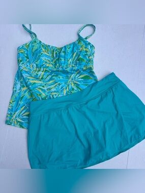 Kim Rogers 2 Piece Tankini Swim Set Skirt Bottom Tropical Palm Print 18W